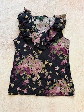 Ralph Lauren Black Floral Ruffle V-Neck Sleeveless Blouse